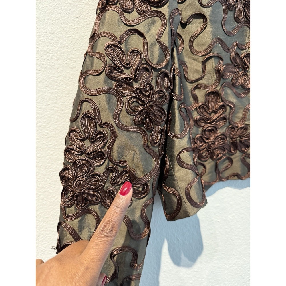 Brown Geometric Woman's Thai Silk Cropped Jacket Design Artisan Handmade Vintage - Picture 6 of 10